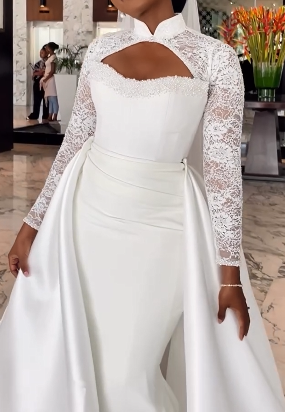 High Neck Lace Long Sleeve Wedding Dress with Overskirt