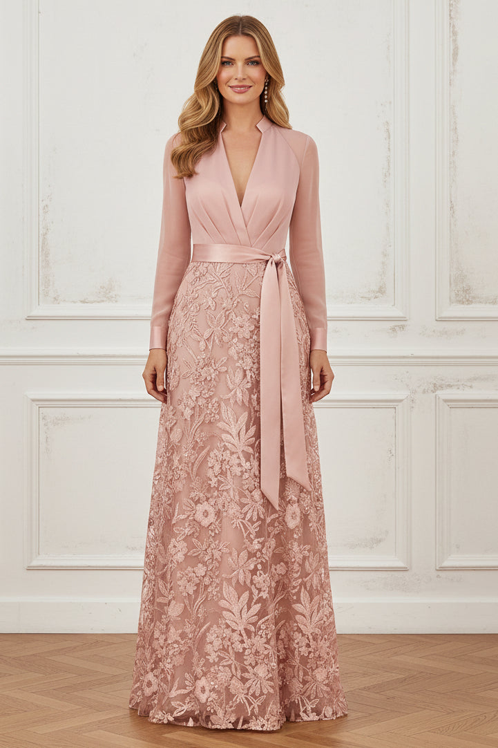 Long Sleeve V-Neck Embroidered A-Line Evening Gown