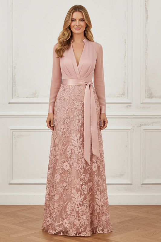 Long Sleeve V-Neck Embroidered A-Line Evening Gown
