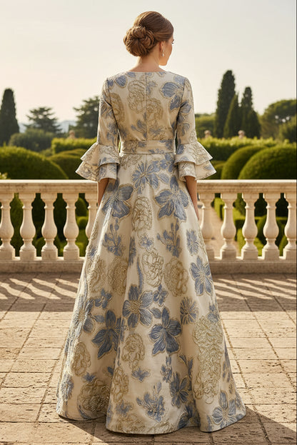 Elegant Jacquard A-Line Evening Gown with 3/4 Bell Sleeves