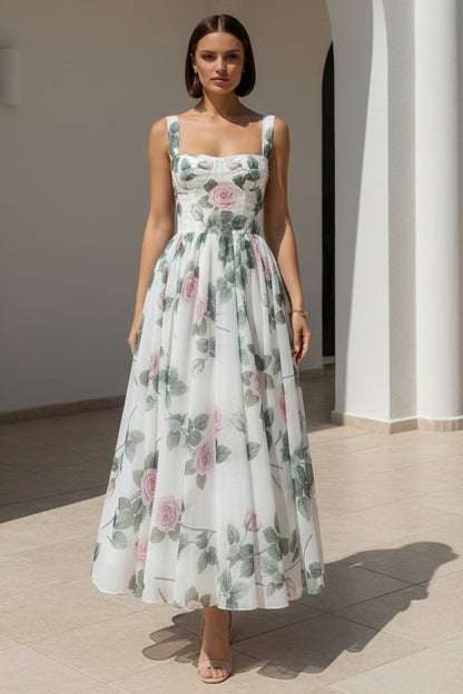 Floral Print A-Line Organza Midi Dress with Corset Bodice