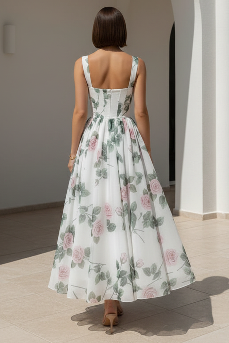 Floral Print A-Line Organza Midi Dress with Corset Bodice
