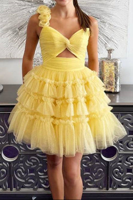 One-Shoulder Tiered Ruffle Tulle Homecoming Dress