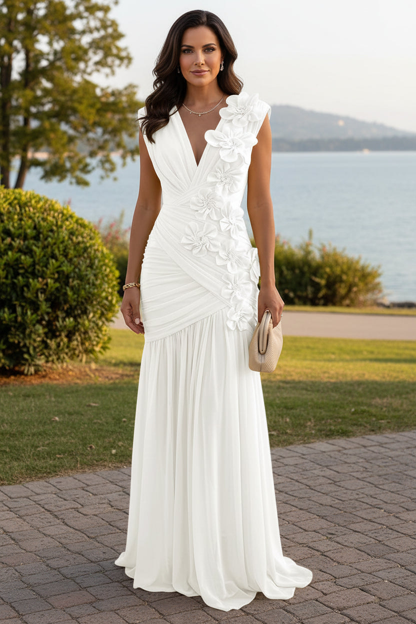 Ruched Floral Appliqué Floor-Length Evening Gown