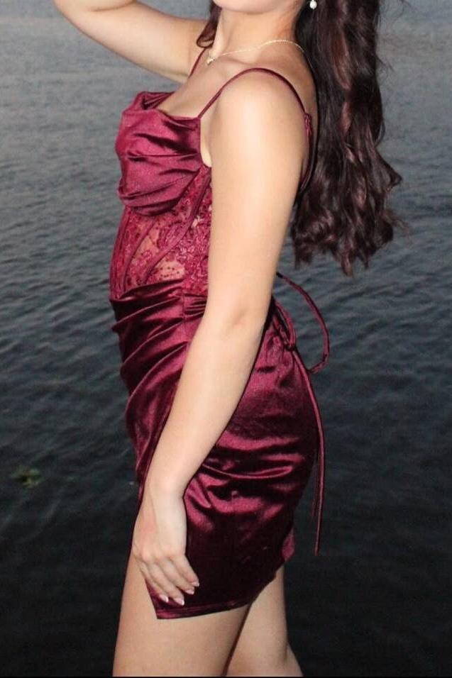 Corset Mini Dress with Cowl Neck and Slit