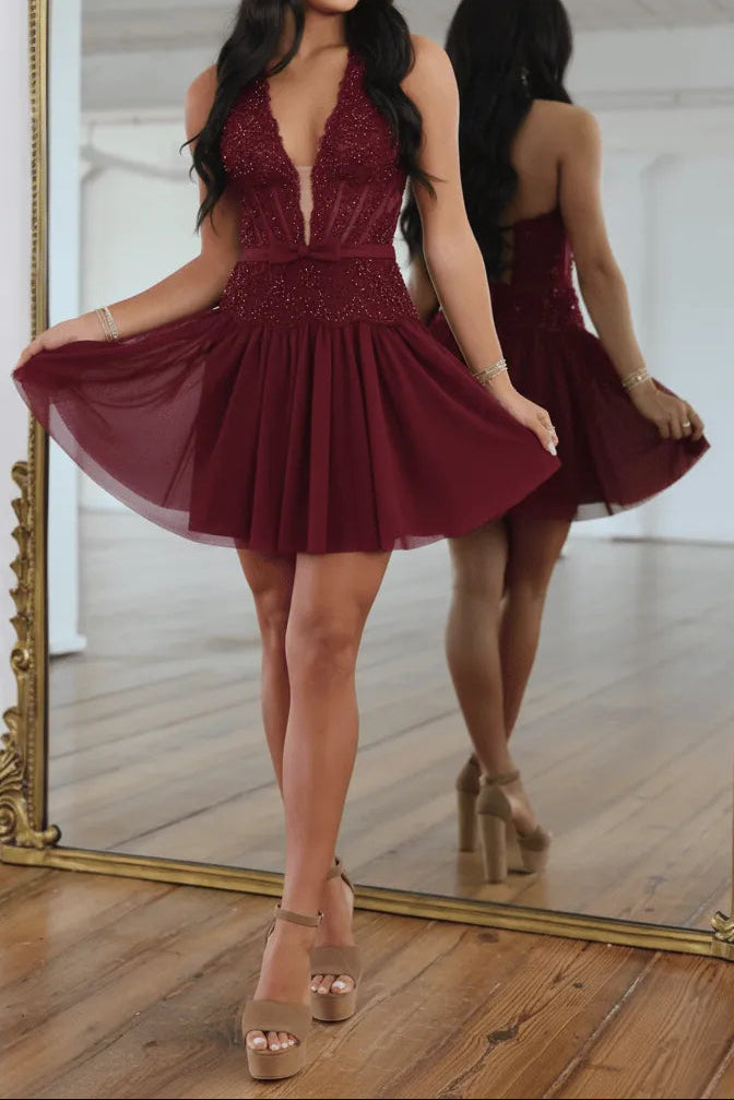 Beaded Halter Deep V-Neck Fit and Flare Mini Dress