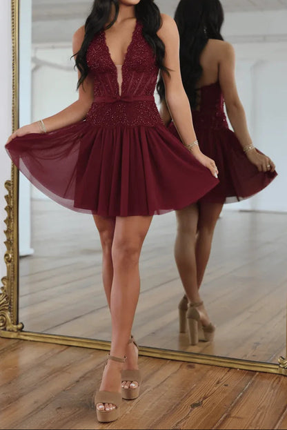 Beaded Halter Deep V-Neck Fit and Flare Mini Dress