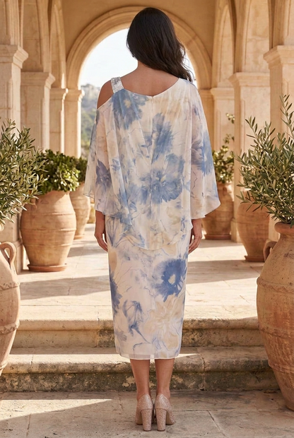 Floral Midi Dress with Asymmetric Cape Overlay