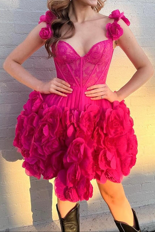3D Floral Corset Mini Dress with Bow Straps