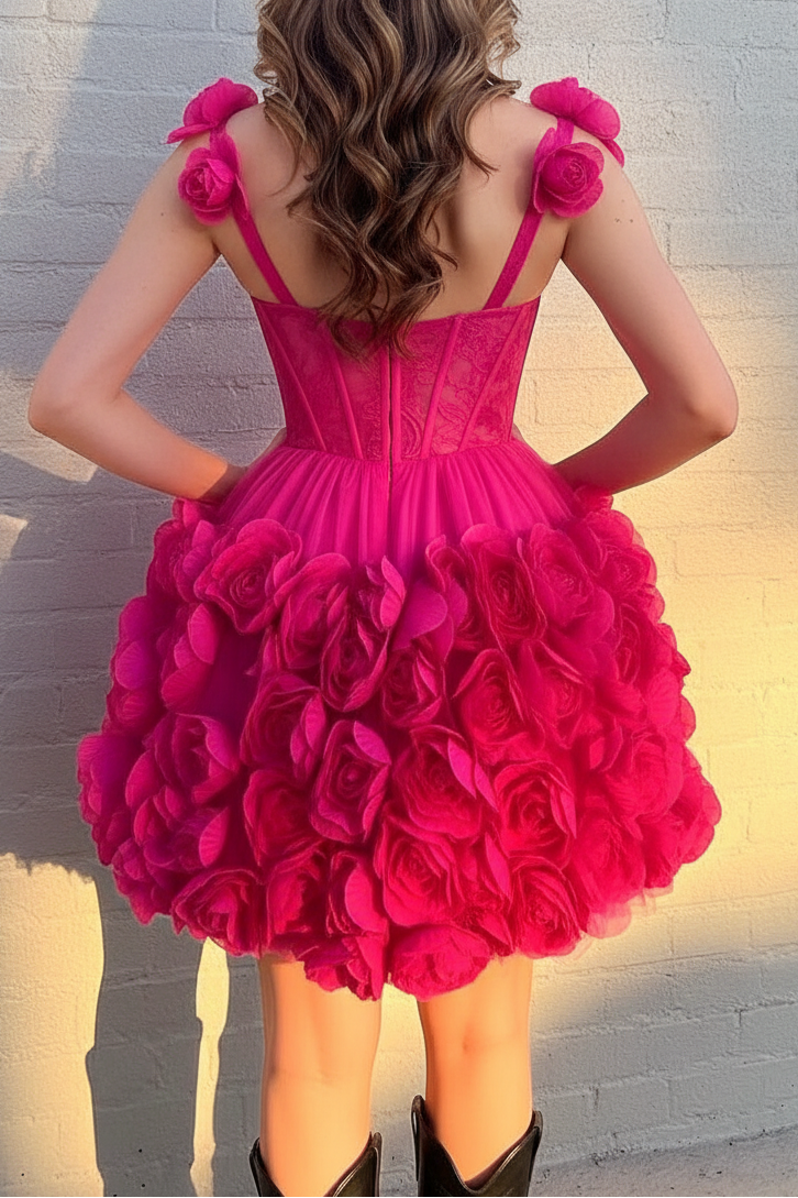3D Floral Corset Mini Dress with Bow Straps
