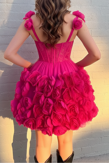 3D Floral Corset Mini Dress with Bow Straps