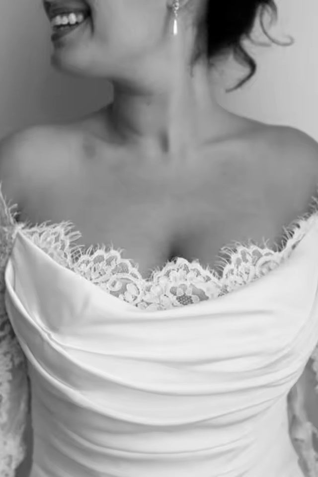 Off-the-Shoulder Lace Sleeve Gown with Slit