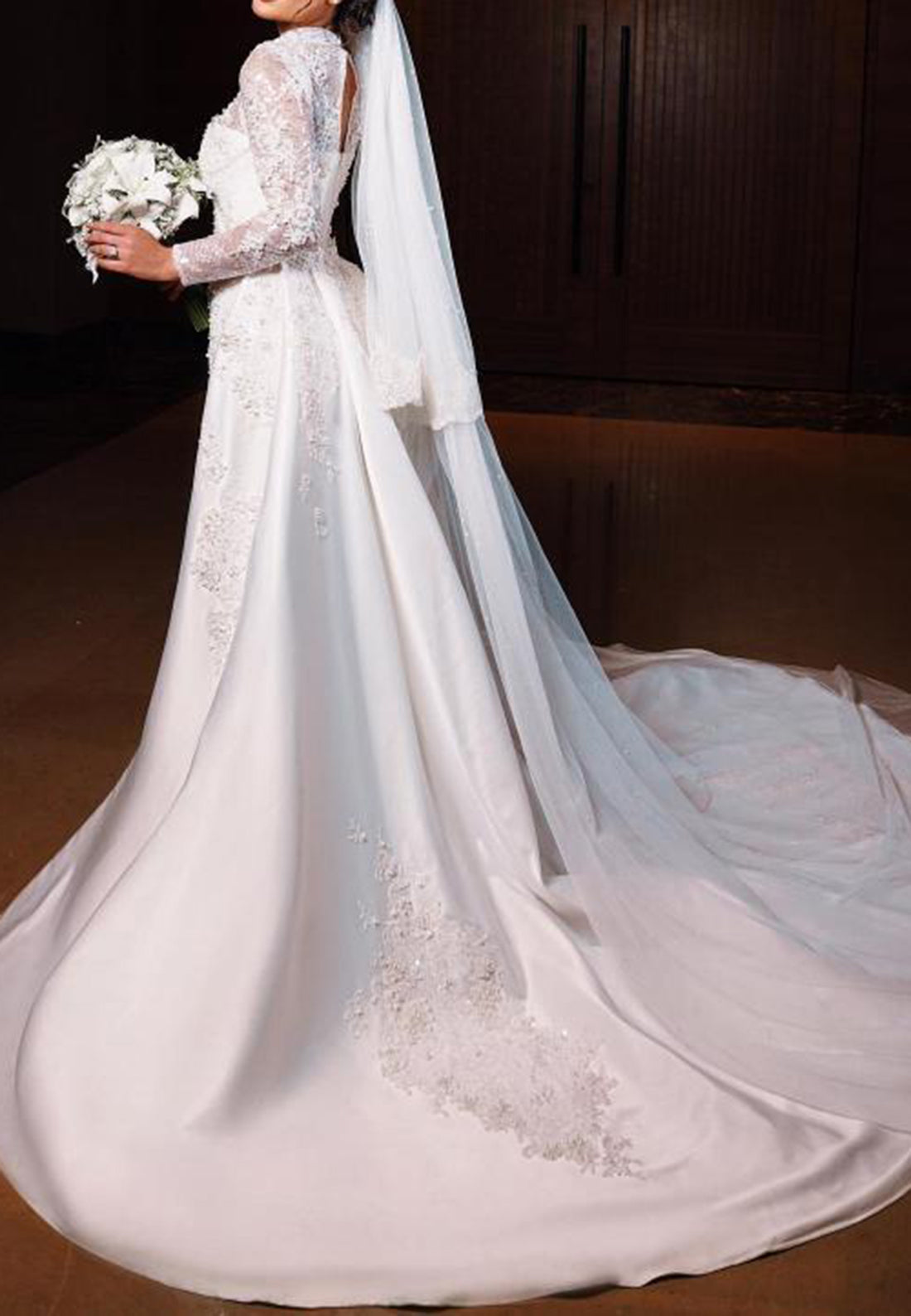 Lace High Neck Wedding Dress with Overskirt