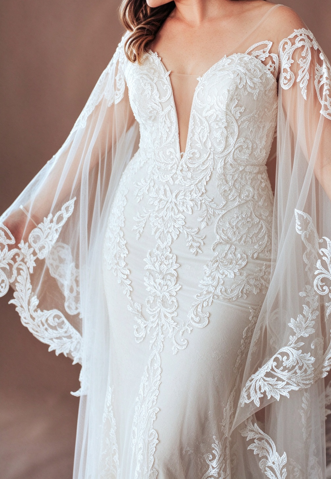 Lace Mermaid Wedding Dress with Long Cape Sleeves