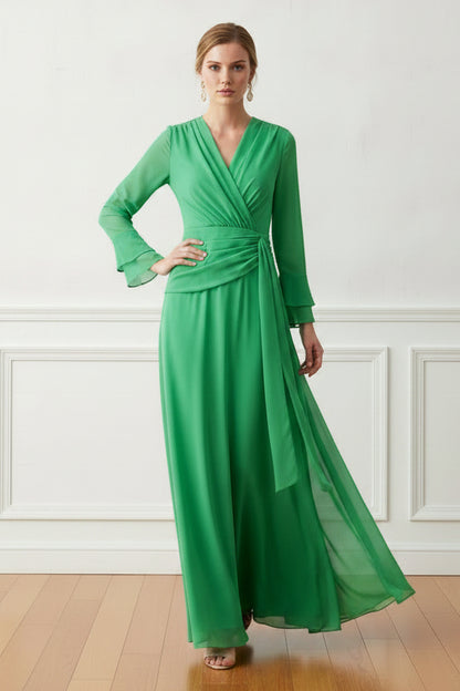 Ruched V-Neck Chiffon Maxi Dress