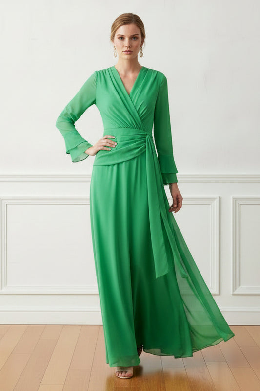 Ruched V-Neck Chiffon Maxi Dress