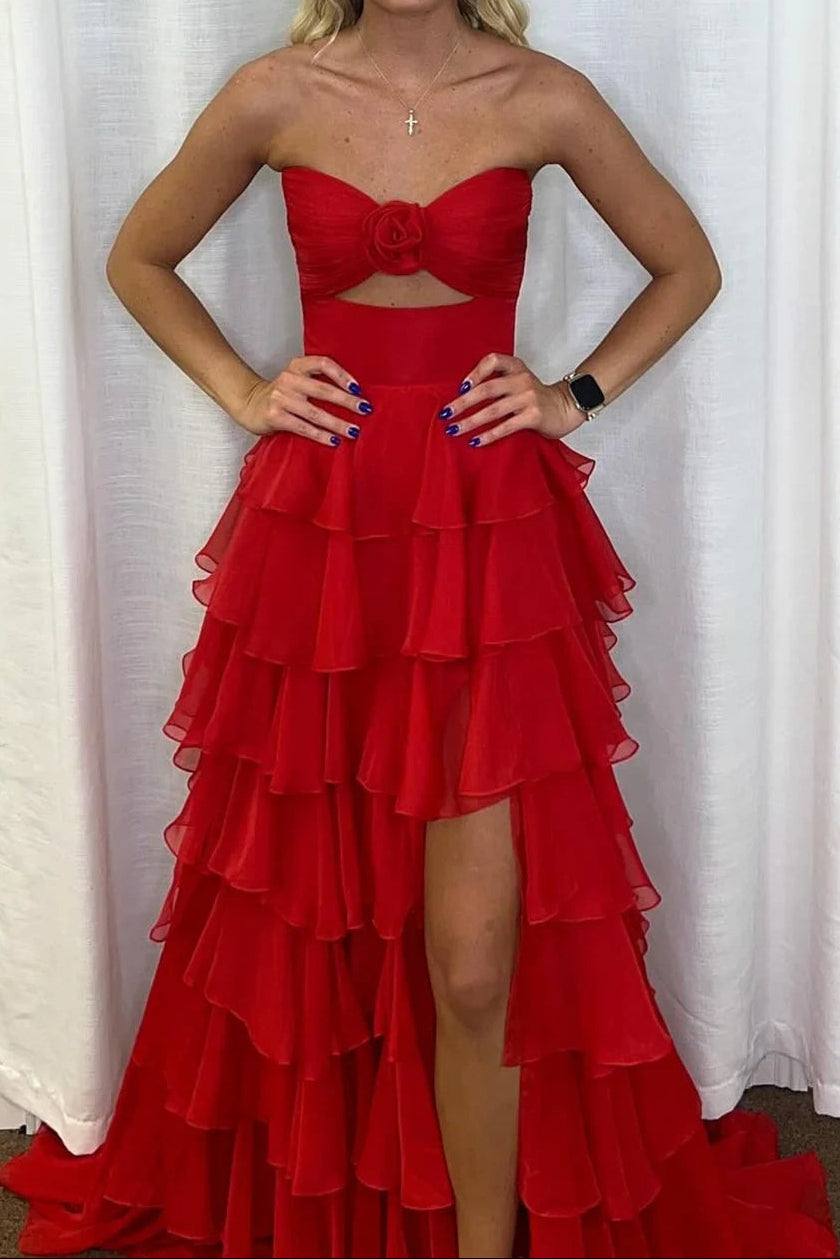 Strapless Tiered Floral Ruffle Gown with Slit