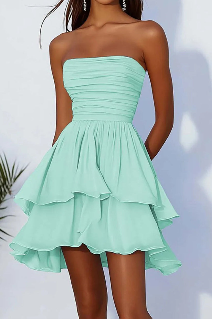 Strapless Ruched Tiered Ruffle Mini Dress