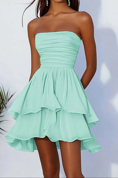 Strapless Ruched Tiered Ruffle Mini Dress