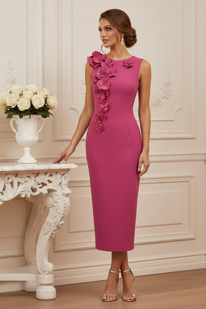 Sleeveless Midi Sheath Dress with 3D Floral Appliques