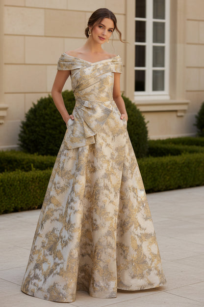 Off-the-Shoulder Jacquard A-Line Evening Gown