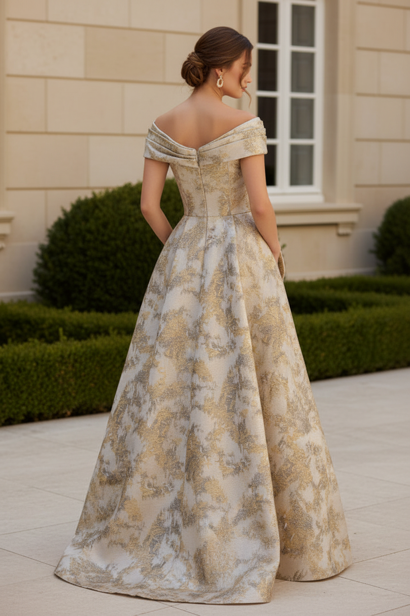 Off-the-Shoulder Jacquard A-Line Evening Gown