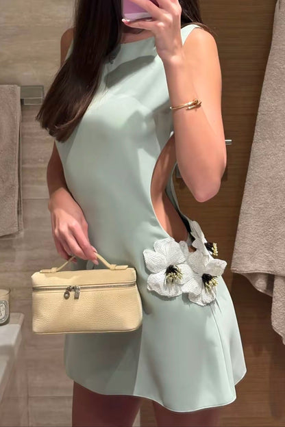 Cut-Out Mini Shift Dress with Floral Appliques