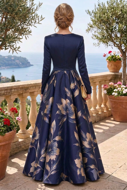 Pleated Bodice Floral Print A-Line Gown
