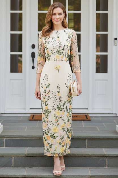 Floral Embroidered Mesh Sleeve Midi Sheath Dress