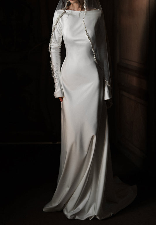 Bateau Long Sleeve Satin Wedding Dress with Train