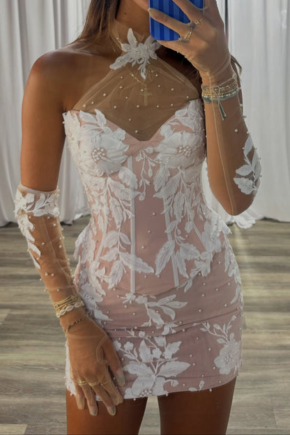 Floral Applique Illusion Mini Dress with Sleeves