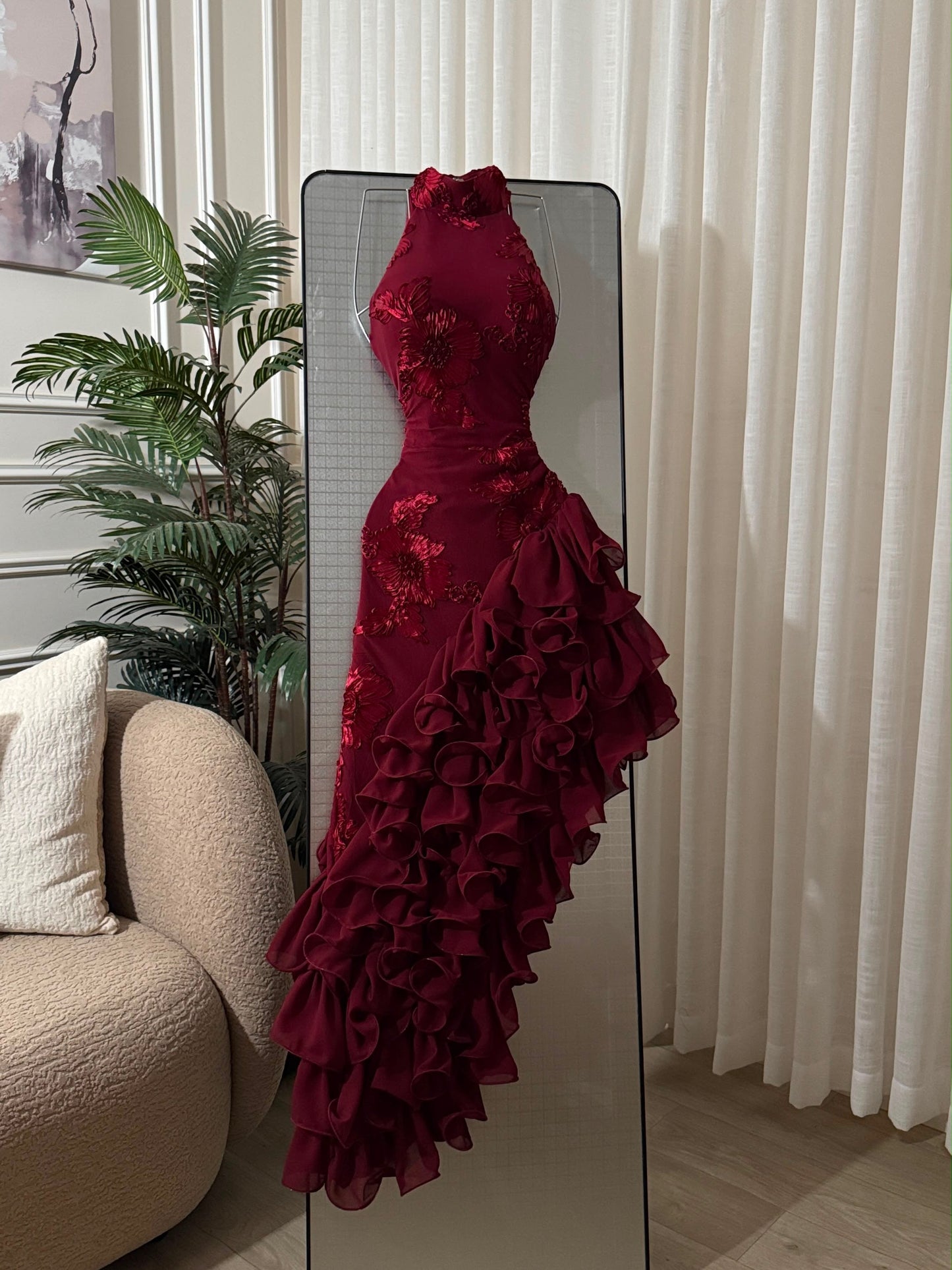 Halter Floral Applique Ruffled High-Slit Gown
