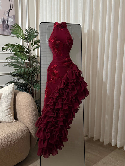 Halter Floral Applique Ruffled High-Slit Gown