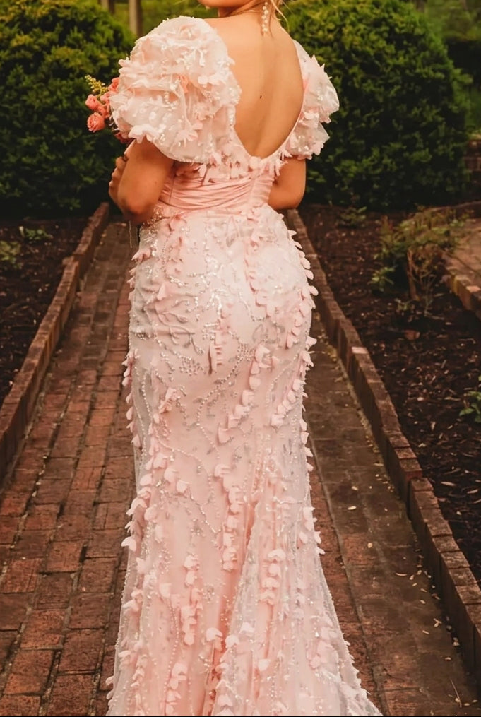 3D Floral Sequin Gown with Bow Accent