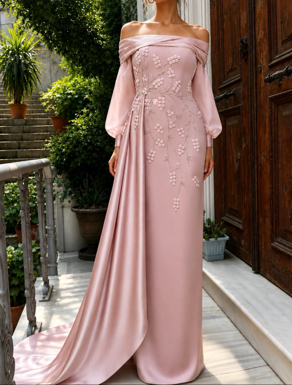 Off-the-Shoulder Pearl Embroidered Evening Gown