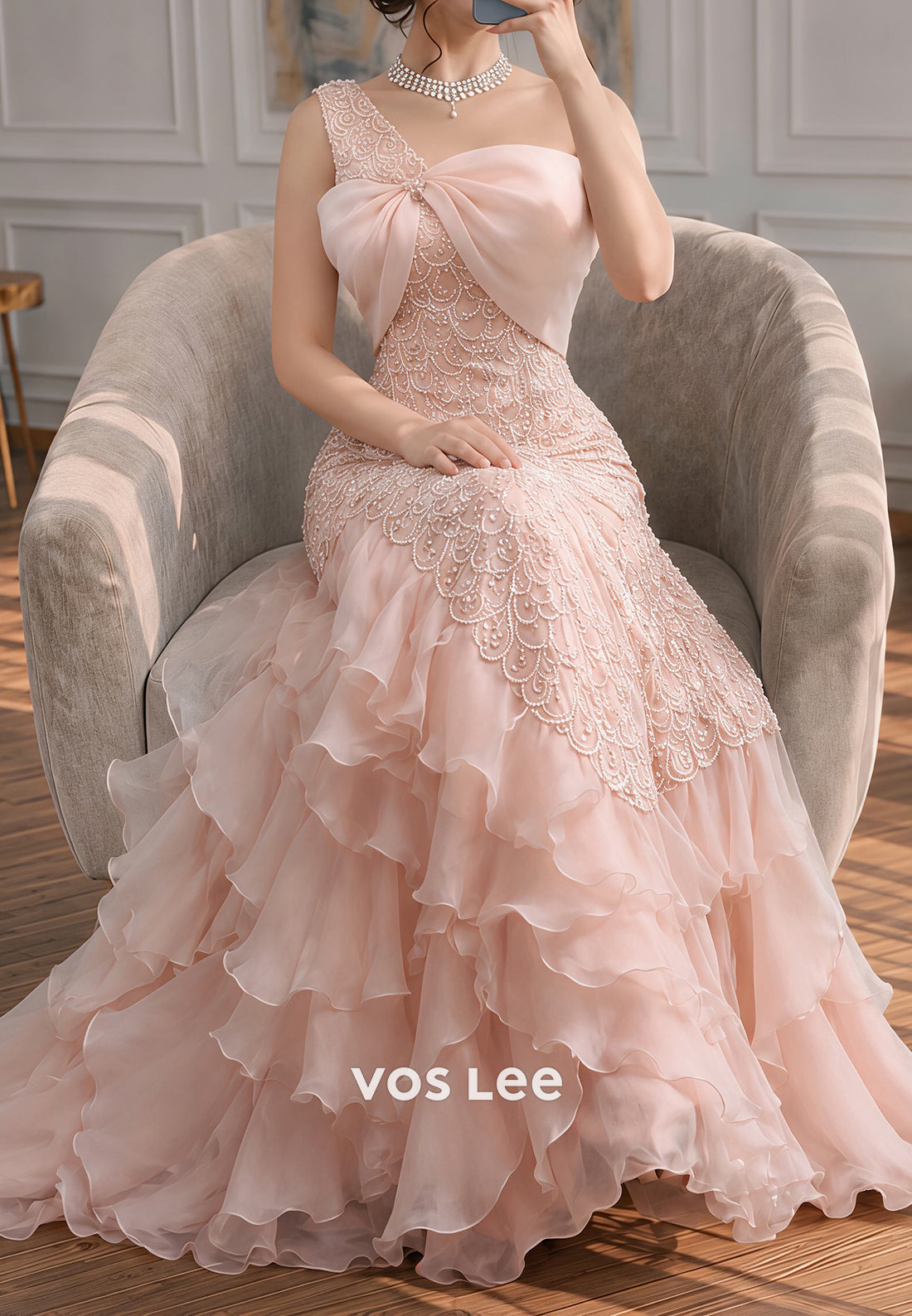 One-Shoulder Beaded Mermaid Gown with Tiered Ruffles