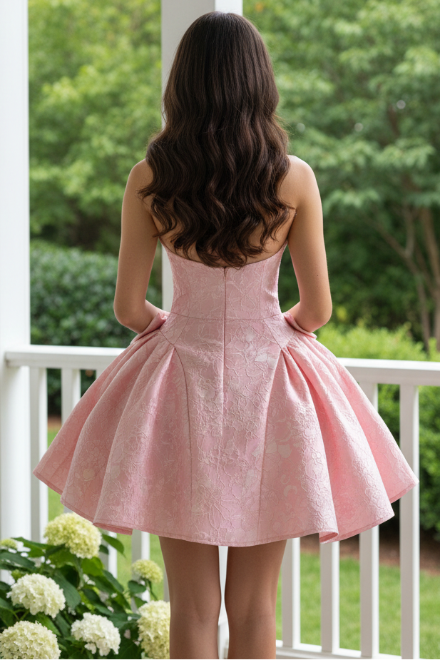 Halter Deep V Jacquard Fit and Flare Mini Dress