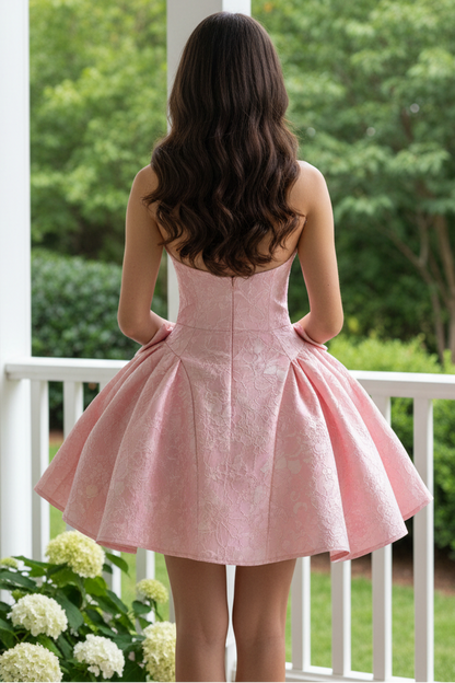 Halter Deep V Jacquard Fit and Flare Mini Dress