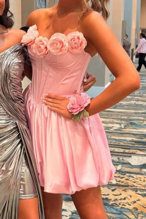 Strapless Corset Bubble Hem Mini Dress with 3D Flowers