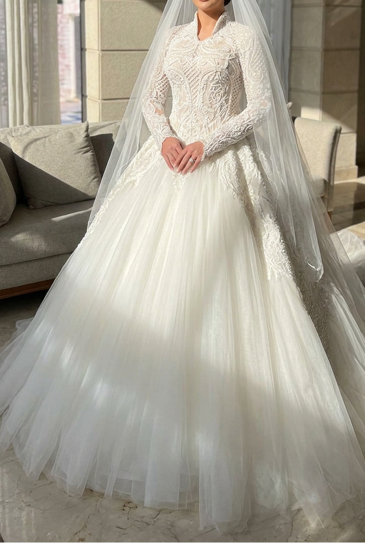 Embroidered Ball Gown Wedding Dress with Long Sleeves