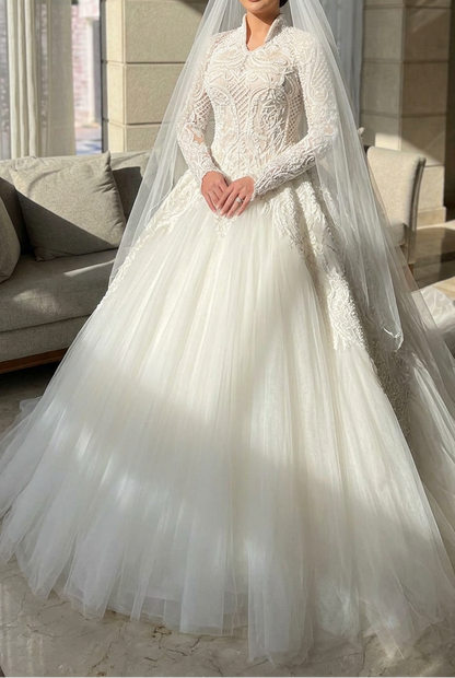 Embroidered Ball Gown Wedding Dress with Long Sleeves