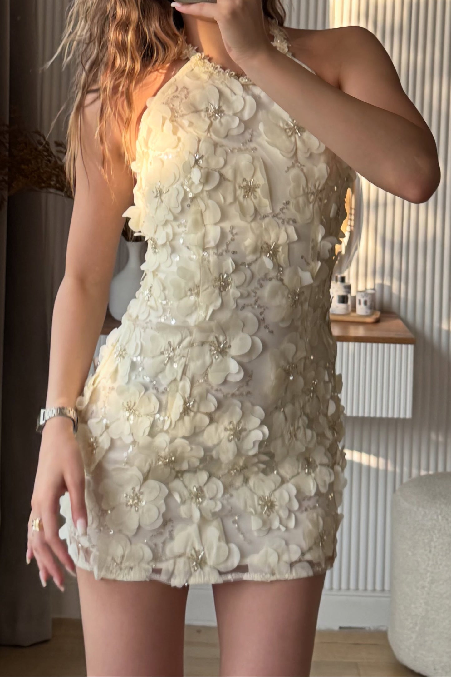 3D Floral Applique Halter Mini Dress