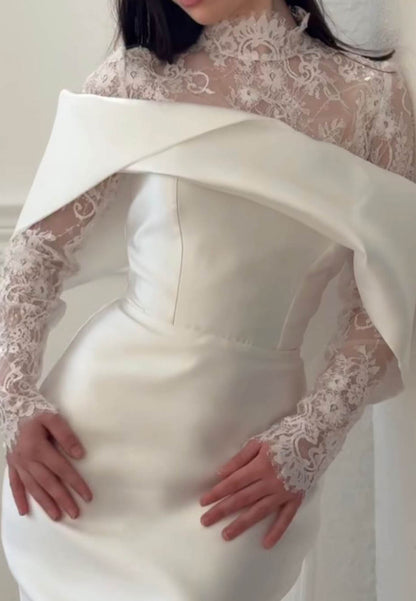 High Neck Lace and Satin Mermaid Wedding Dress