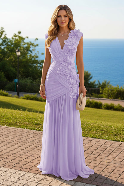 Ruched Floral Appliqué Floor-Length Evening Gown