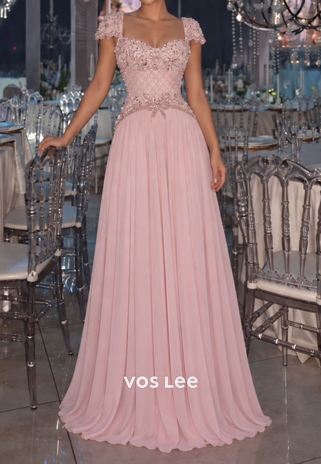Beaded Bodice Cap Sleeve A-Line Gown