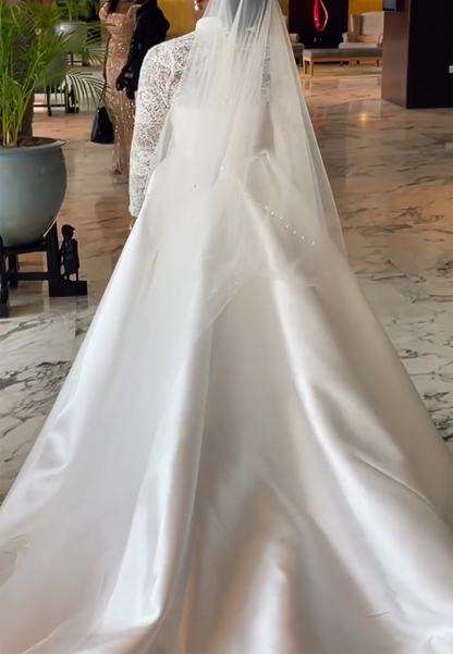 High Neck Lace Long Sleeve Wedding Dress with Overskirt