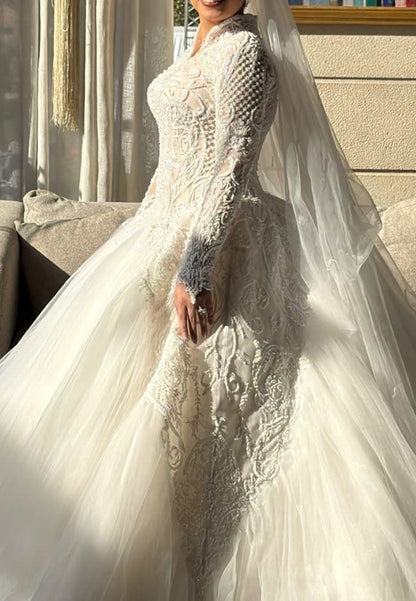 Embroidered Ball Gown Wedding Dress with Long Sleeves