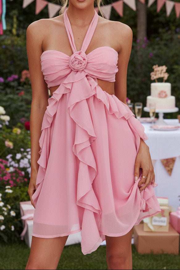 Ruffled Halter Mini Dress with Rosette Detail