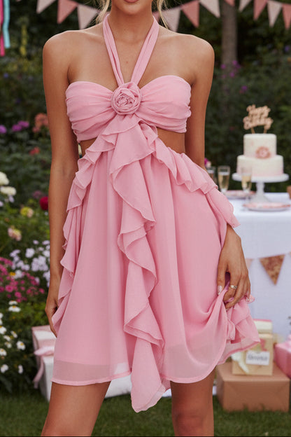 Ruffled Halter Mini Dress with Rosette Detail