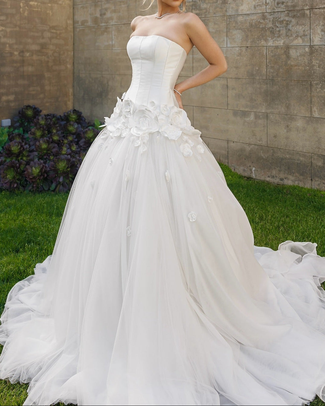 Strapless Corset Ball Gown Wedding Dress with 3D Flowers